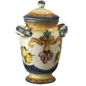 Barattolo con coperchio in ceramica cotta e decorata a mano